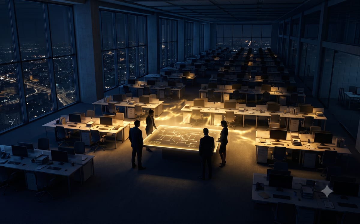 Night-time project floor in a high-rise, seen from a slightly elevated angle: four silhouettes stand around a central table on which a golden programme plan glows. From there a warm wave of light spreads across the dark rows of desks – the nearest rows already lit, the farthest still in the blue of night. City lights behind the windows.