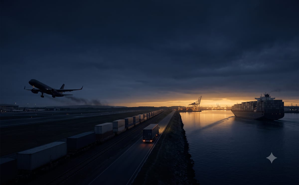 Stylised logistics chain at dusk: cargo plane, freight train and truck converging on a harbour with a departing container ship