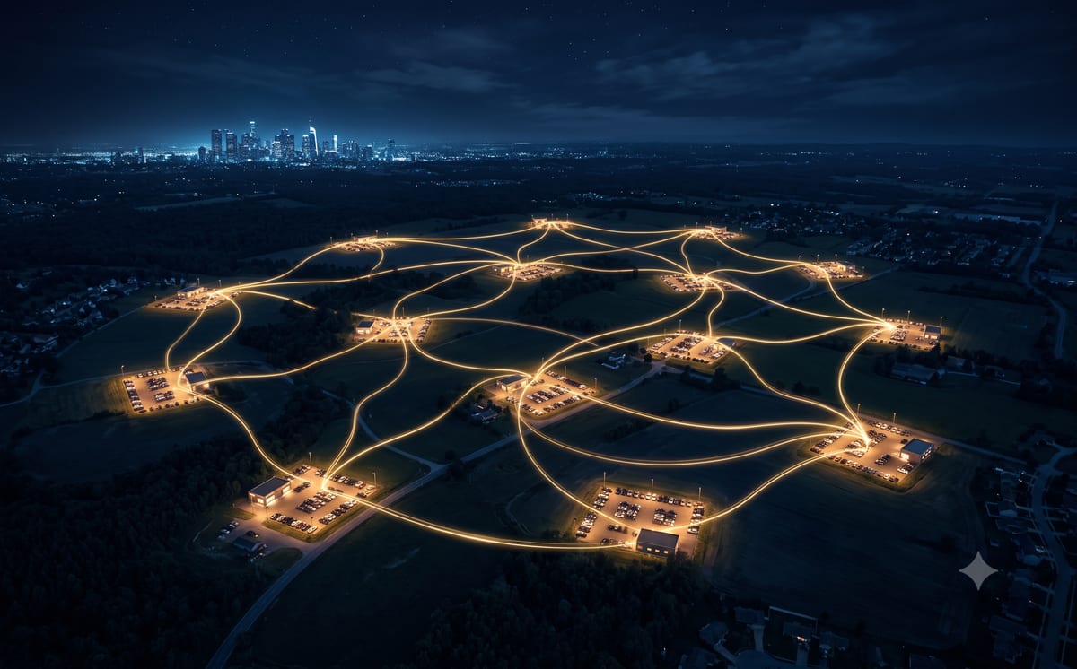 Aerial night view of a dark landscape: scattered, warmly lit car dealerships with rows of parked vehicles are woven directly together by golden light lines into a decentralised network – a marketplace owned by the dealers, with no central hub. On the horizon, the skyline of the established giants glows cold and distant.