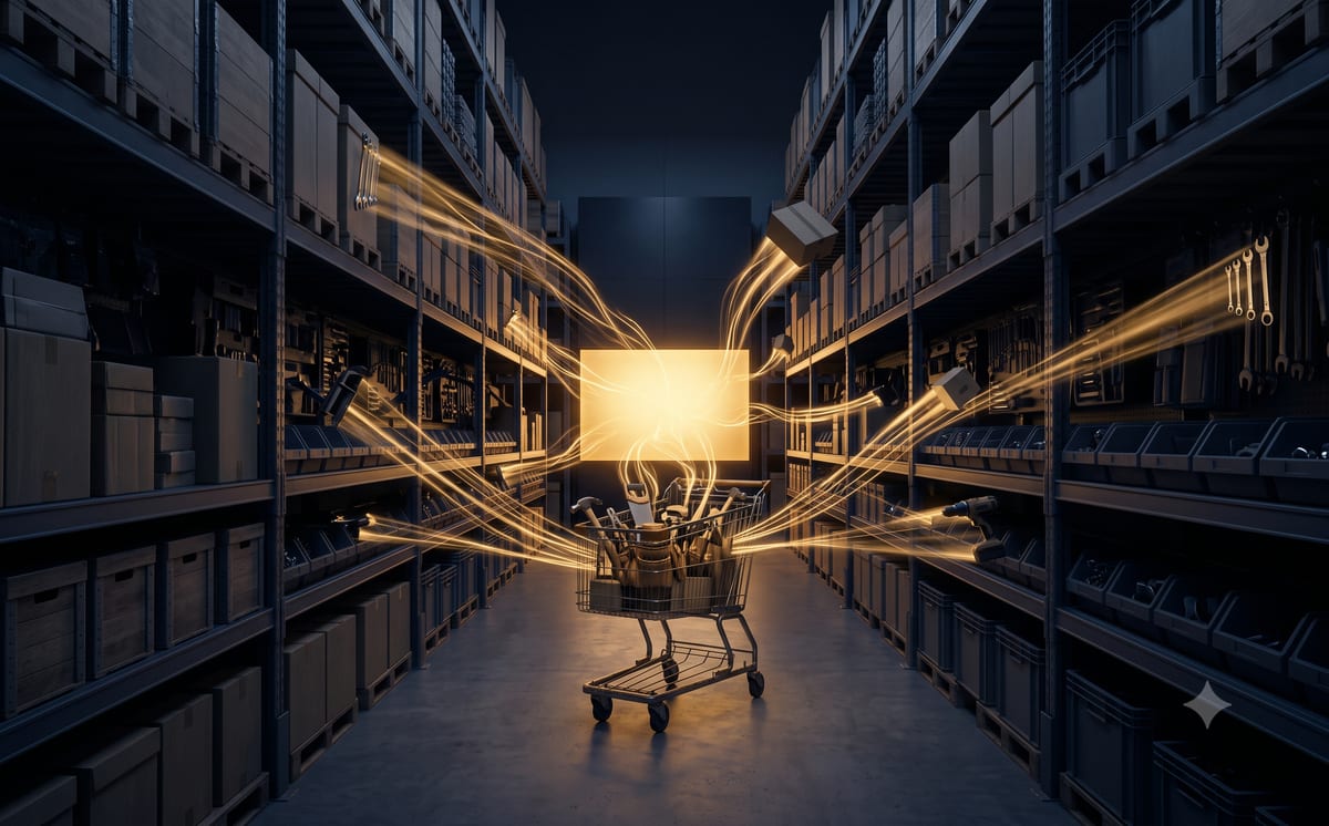 Dark DIY store aisle at night: traces of light connect shelves, a shopping cart and a glowing digital surface at the end of the aisle – symbolising multi-channel retail in DIY.