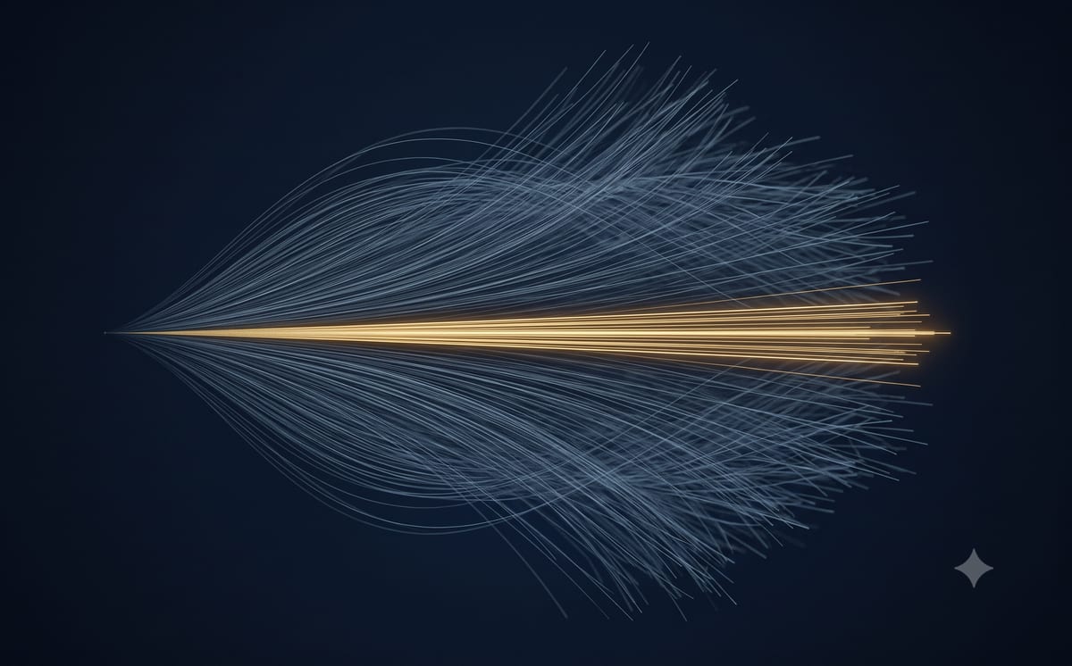 Fan of fine simulation lines on deep blue, the likely path highlighted in gold – symbolising a Monte Carlo risk analysis.