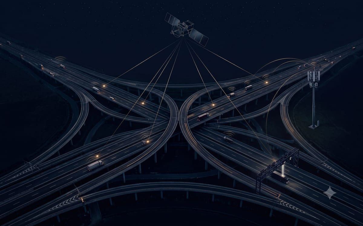 Satellite, telecom mast and control gantry above a highway interchange at night – symbolising the satellite-based tolling system with GNSS positioning, GSM data transmission and stationary enforcement.