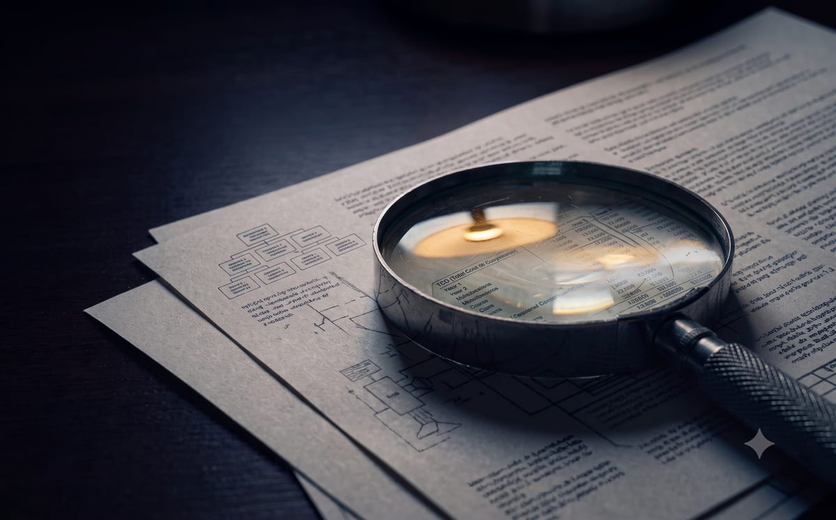 Magnifying loupe on contract-style documents with an organisation chart and TCO table in warm desk light – symbolising an independent second opinion.