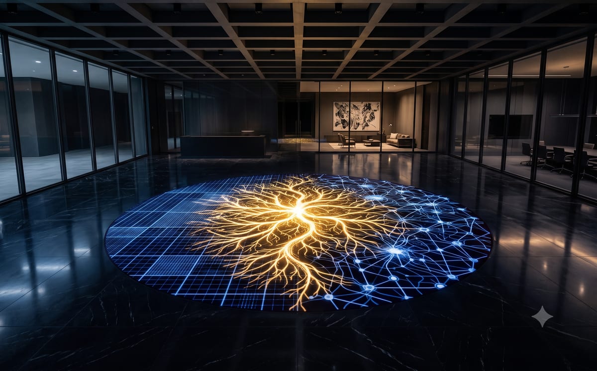 Night scene in a dark, minimalist corporate lobby: a large circular light graphic is projected onto the polished floor – on the left a cool, strict grid (structure, process), on the right a cool network of connected nodes (connectivity, self-organisation). At the centre a warm golden, organically branching weave bursts forth and joins the two patterns – the brightest point of the image, symbolising ZuSaMo as a shared operating system.